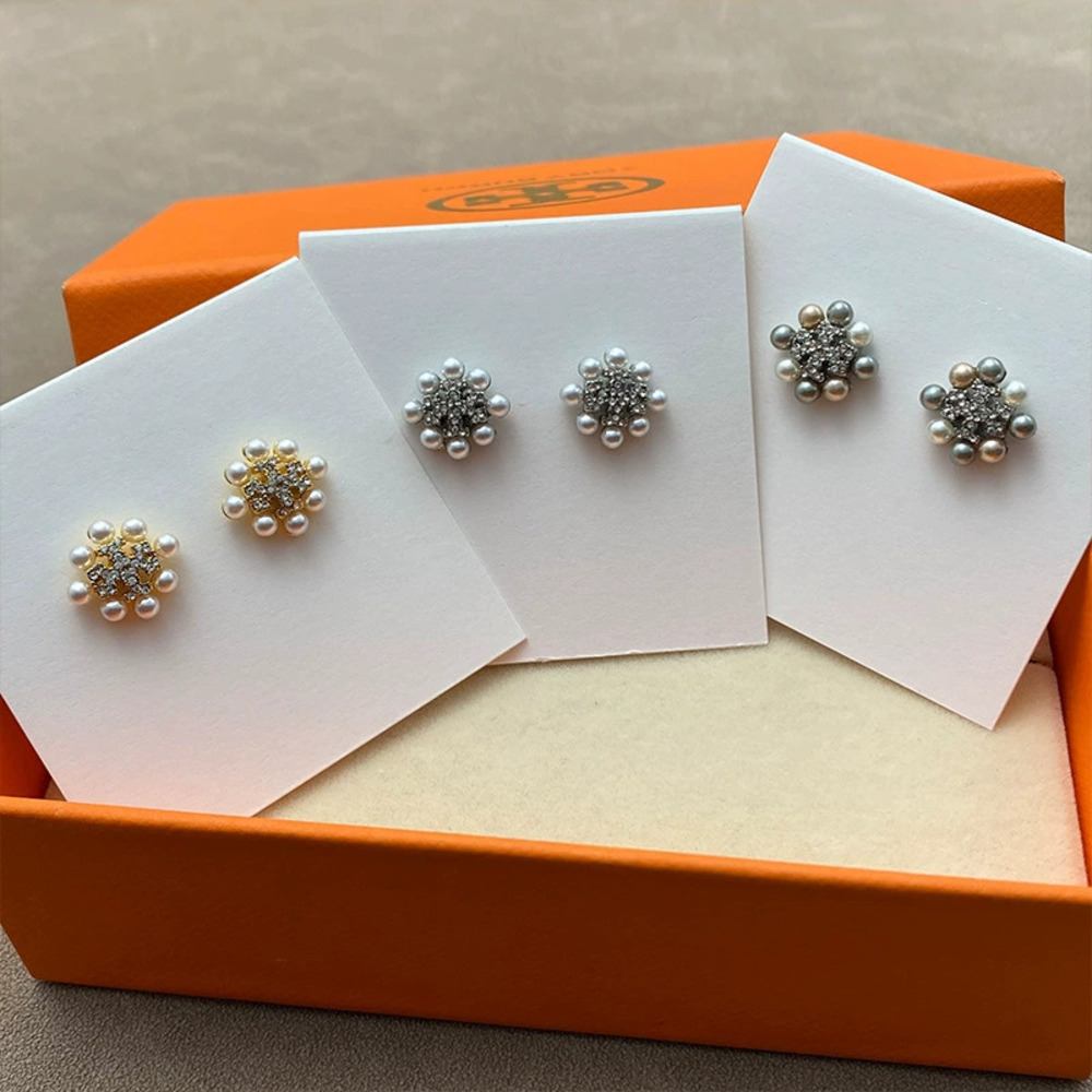 Tory Burch Gold Plated Double Inlay Rhinestone Pearl